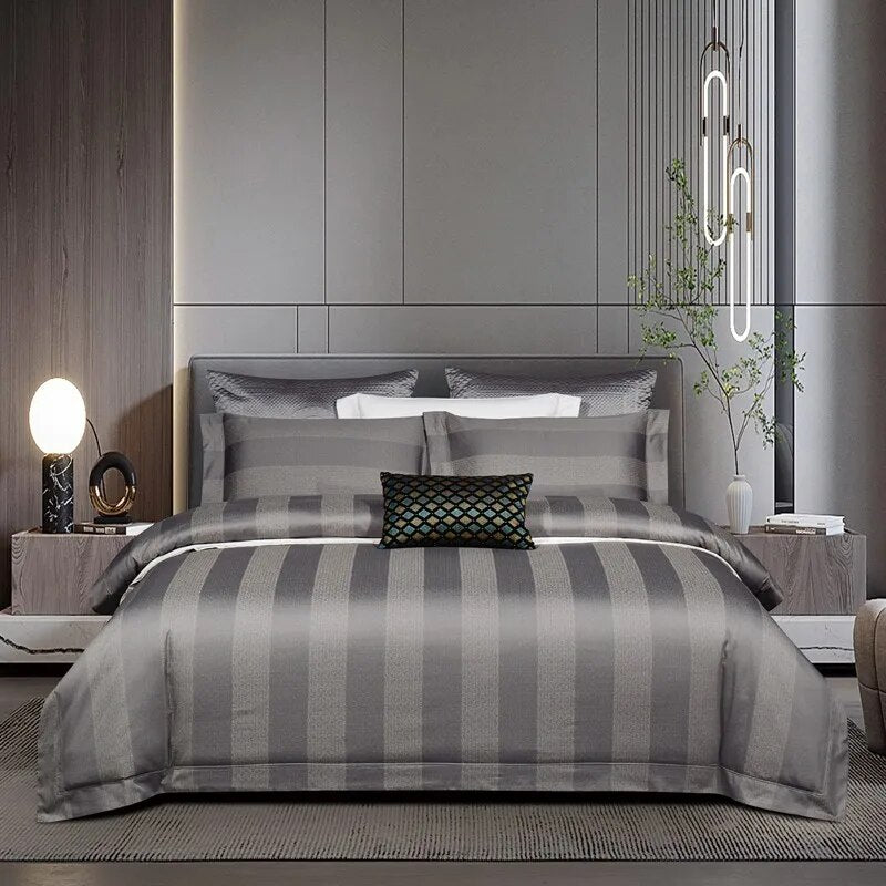 Grey Blue Luxury Long Striped Jacquard Duvet Cover Set, 1000TC Egyptian Cotton Bedding Set