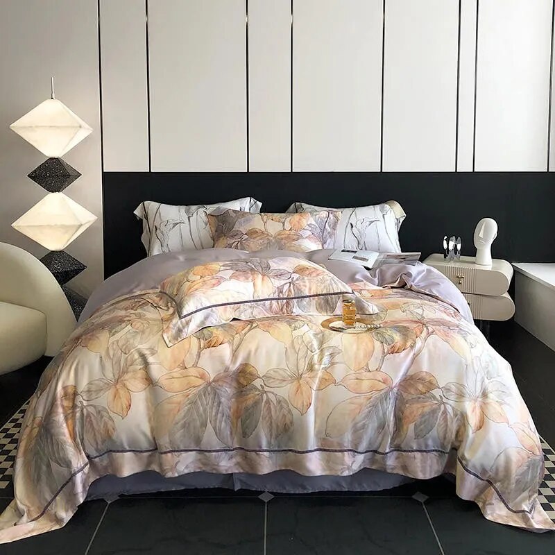 Beauty Tropical Leaves Nature Soft Duvet Cover Set, 1000TC Eucalyptus Lyocell Fabric Bedding Set