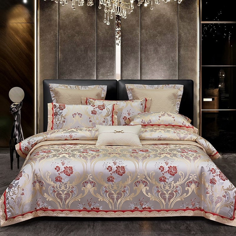 European Luxury Red Gold Cotton 1000TC Embroidered Satin Jacquard Duvet Cover Bedding Set