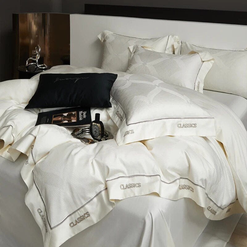 White Emeralds Jacquard Luxury Hi Class Embroidery Silky Duvet Cover, 1000TC Egyptian Cotton Bedding Set