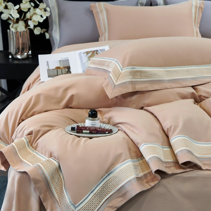 Luxury Pink Grey Brushed Embroidery Long Striped Duvet Cover, 1400TC Egyptian Cotton Bedding Set