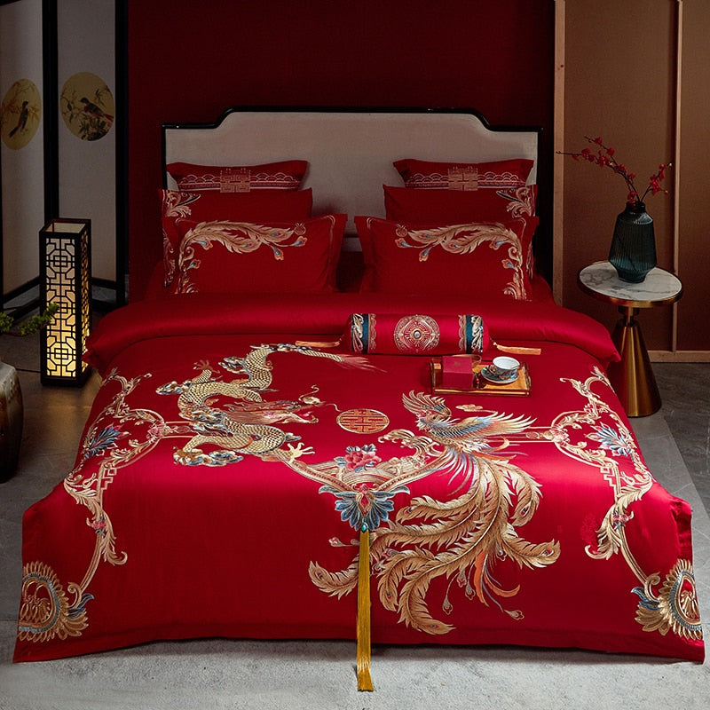 Red Gold Luxury Wedding Dragon Phoenix Embroidery Tassel Duvet Cover, 1400TC Egyptian Cotton Bedding Set