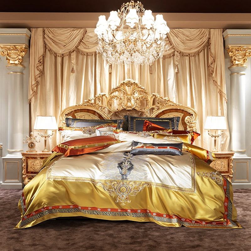 Luxury Gold Red Jacquard Palace Embroidered Duvet Cover Set, Silk Cotton 800 Thread Count Bedding Set
