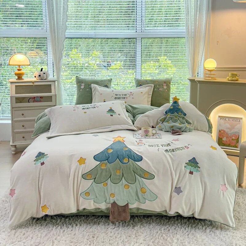 White Star Christmas Tree Embroidered Lucky Child Kids Duvet Cover Set, Velvet Soft Bedding Set