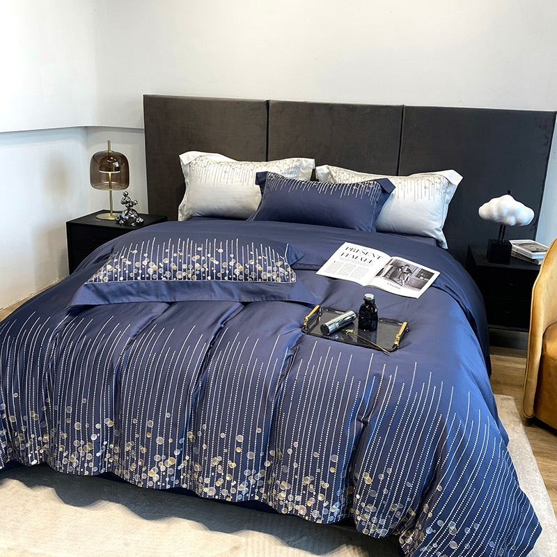 Luxury Blue Purple Chic Embroidery Duvet Cover Set, 1000TC Egyptian Cotton Bedding Set