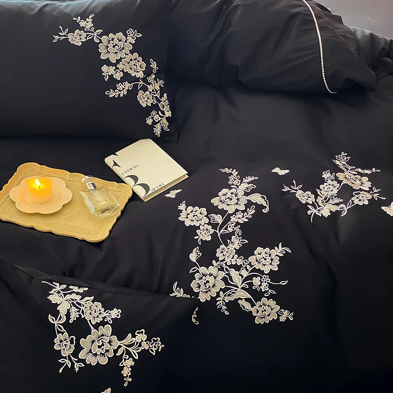 Black Red Premium Egyptian Cotton 1000TC Flowers Embroidery Vintage Duvet Cover Bedding Set