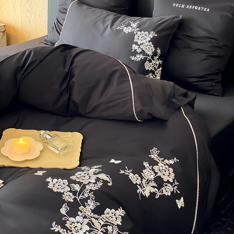 Black Red Premium Egyptian Cotton 1000TC Flowers Embroidery Vintage Duvet Cover Bedding Set