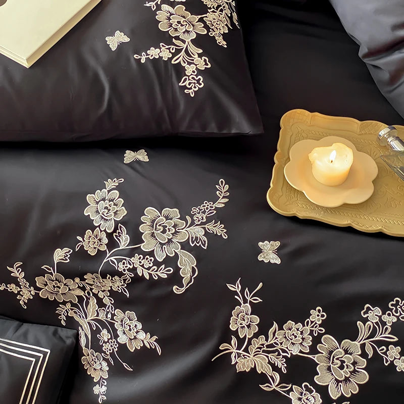 Black Red Premium Egyptian Cotton 1000TC Flowers Embroidery Vintage Duvet Cover Bedding Set