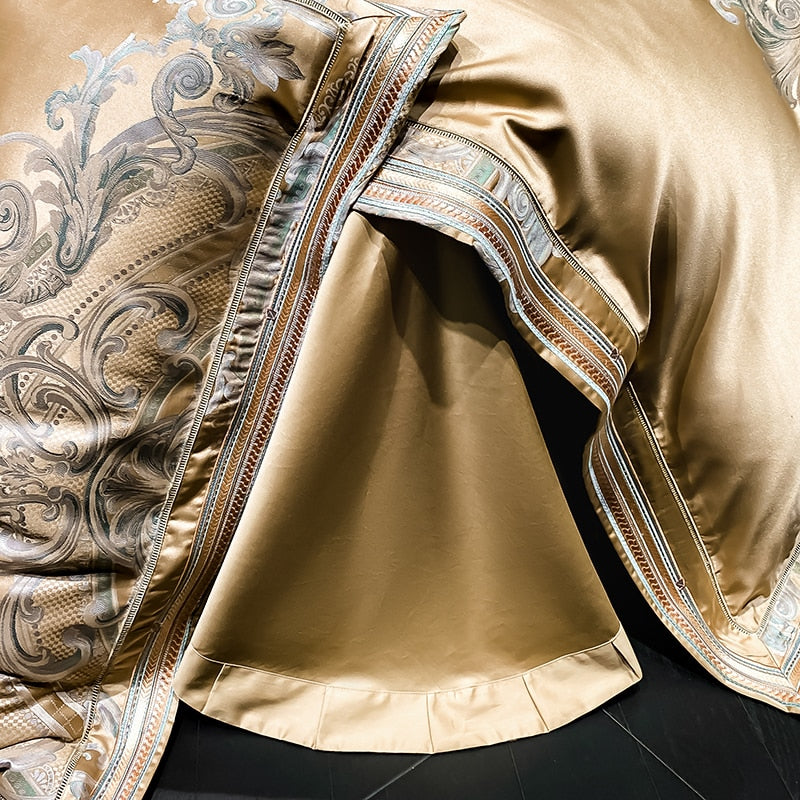 Gold Champagne Vintage Luxury European Silky Jacquard Egyptian Cotton 1000TC Duvet Cover Bedding Set