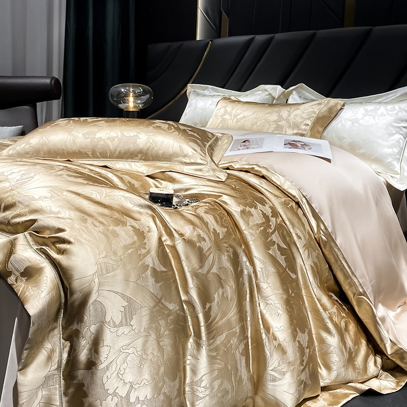 Gold White Luxury European Palace Satin Jacquard Egyptian Cotton 1000TC Duvet Cover Bedding Set