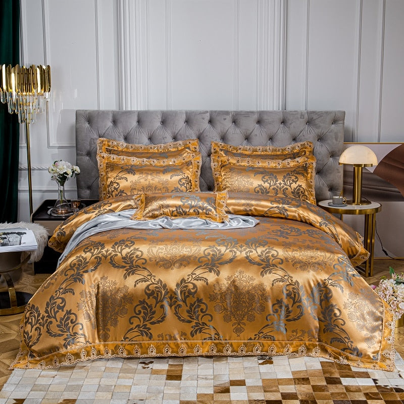 Gold Green Satin Jacquard Very Soft Silky Duvet Cover Bedding Set