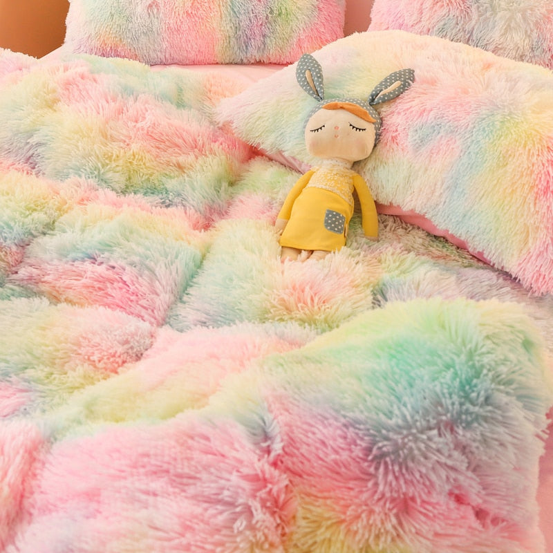 Luxury Rainbow Sweet Super Shaggy Soft Coral Fleece Warm Duvet Cover Bedding Set