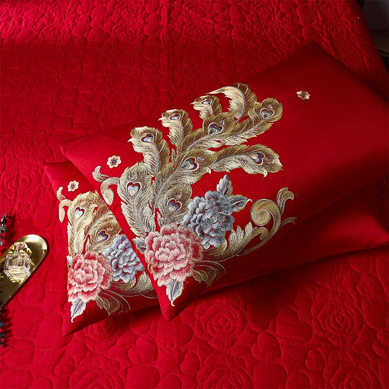 Dragon and Phoenix Luxury Red Golden Wedding Embroidery Duvet Cover Cotton Bedding Set