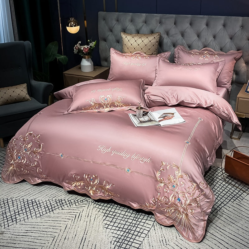Luxury Gold Emerald European Embroidered Soft Duvet Cover Set, 600TC Egyptian Cotton Bedding Set