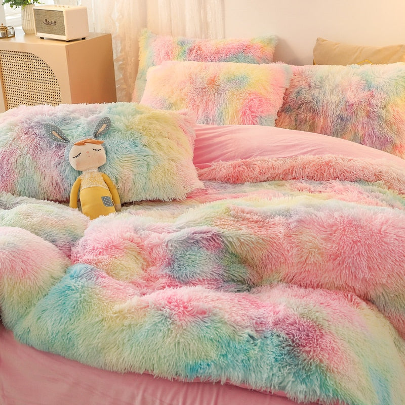 Luxury Rainbow Sweet Super Shaggy Soft Coral Fleece Warm Duvet Cover Bedding Set