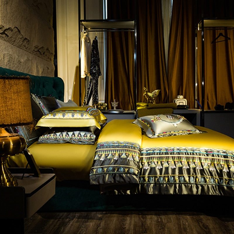Premium Orange Champagne European Baroque Jacquard Duvet Cover, Egyptian Cotton 1500TC Bedding Set