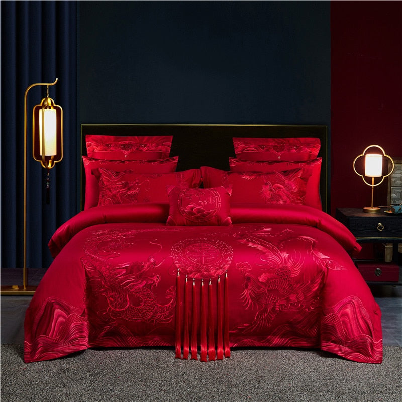 Luxury Gold Red Dragon Phoenix Jacquard Wedding Tassel Duvet Cover Set, 1000TC Egyptian Cotton Bedding Set