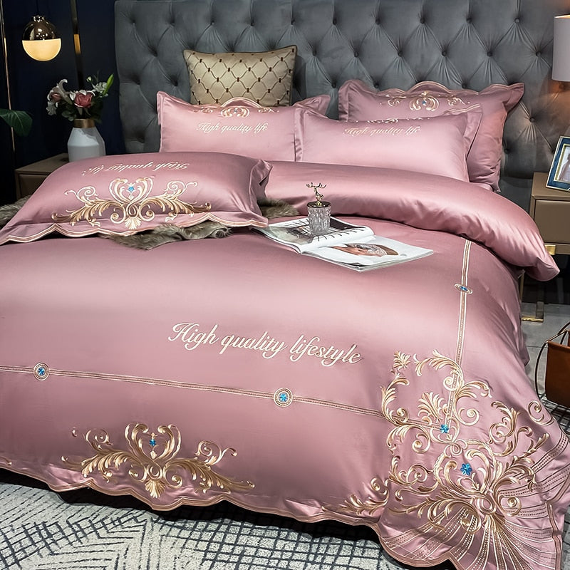 Luxury Gold Emerald European Embroidered Soft Duvet Cover Set, 600TC Egyptian Cotton Bedding Set