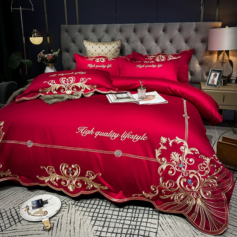 Luxury Gold Emerald European Embroidered Soft Duvet Cover Set, 600TC Egyptian Cotton Bedding Set