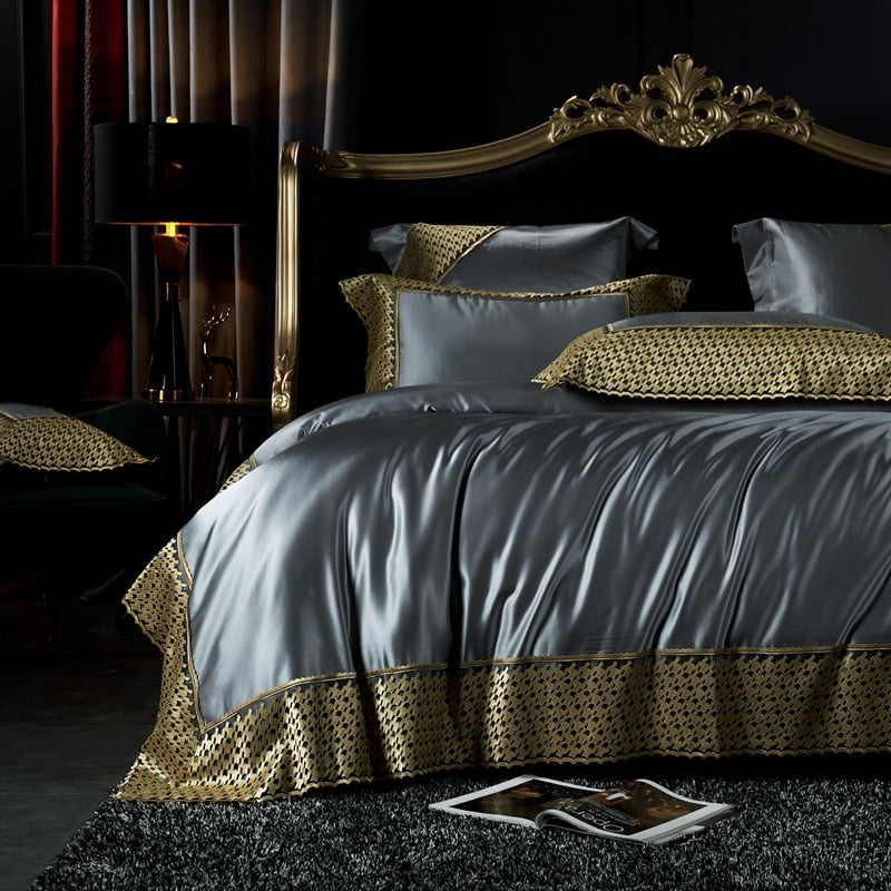 Luxury Baroque Royal Wedding Gold Lace Duvet Cover Set, Silk Cotton 1200TC Bedding Set