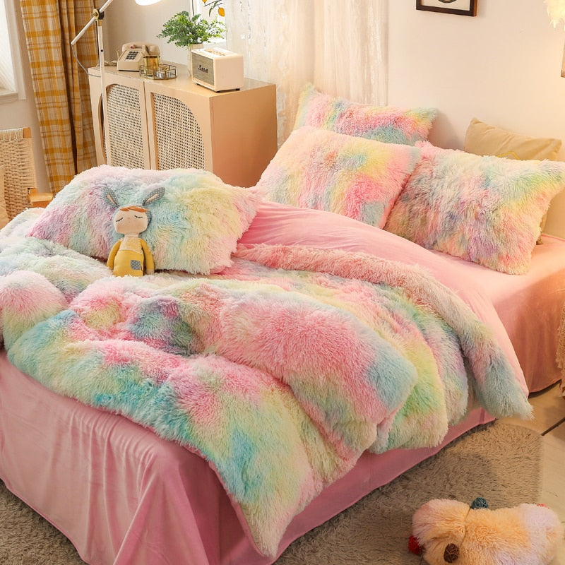 Luxury Rainbow Sweet Super Shaggy Soft Coral Fleece Warm Duvet Cover Bedding Set
