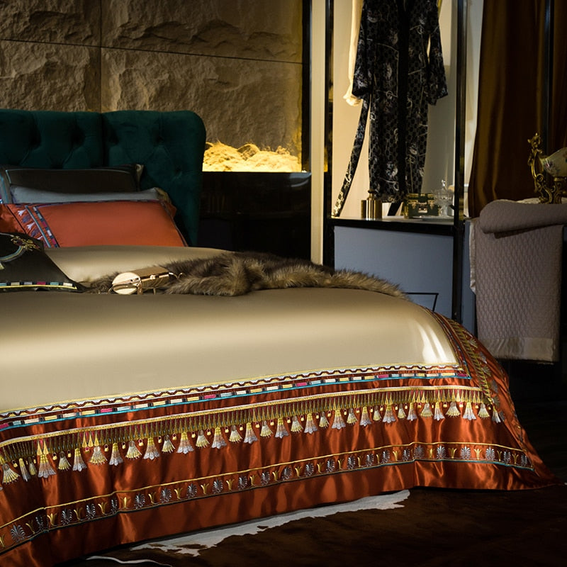 Premium Orange Champagne European Baroque Jacquard Duvet Cover, Egyptian Cotton 1500TC Bedding Set