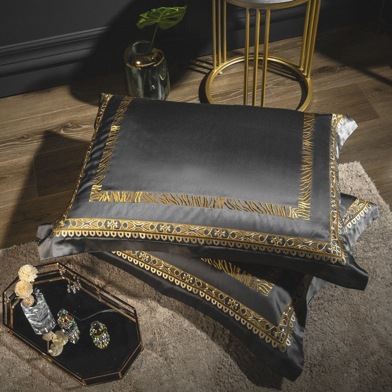 Luxury Gold Red Jacquard Palace Embroidered Duvet Cover Set, Silk Cotton 800 Thread Count Bedding Set