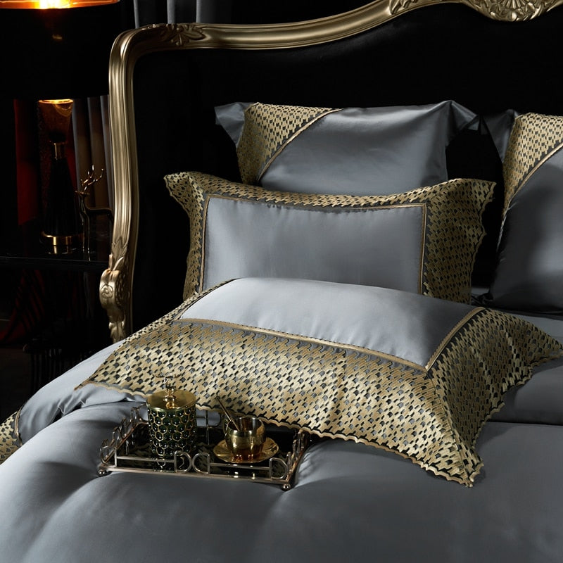Luxury Baroque Royal Wedding Gold Lace Duvet Cover Set, Silk Cotton 1200TC Bedding Set