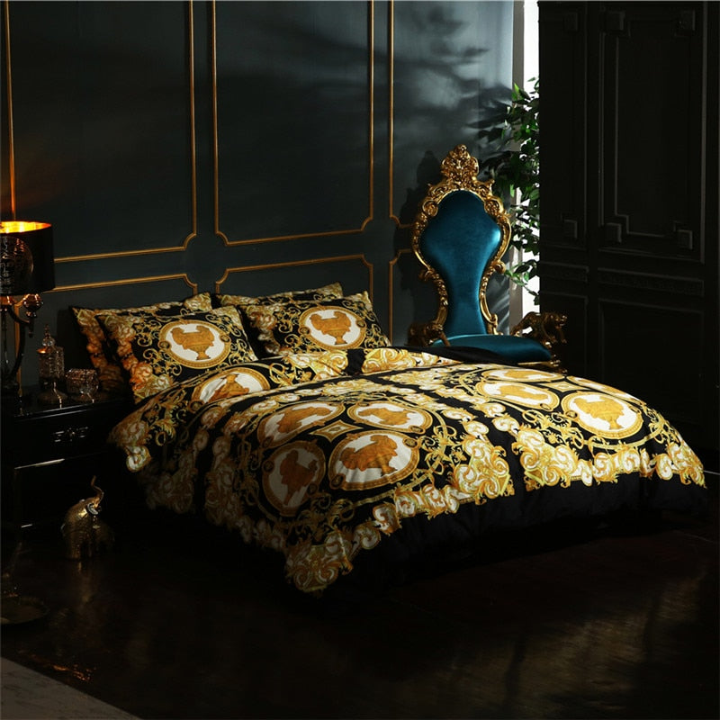White Gold European Luxury Baroque Thick Duvet Cover Set, Velvet Fleece Fabric Bedding Set