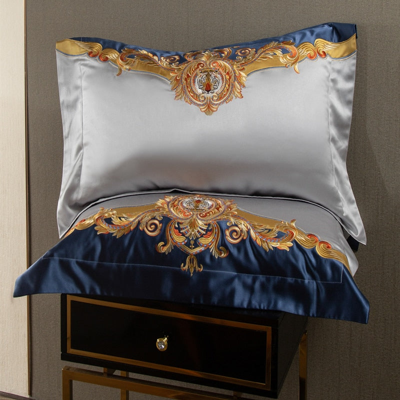 Luxury Gold Red Jacquard Palace Embroidered Duvet Cover Set, Silk Cotton 800 Thread Count Bedding Set