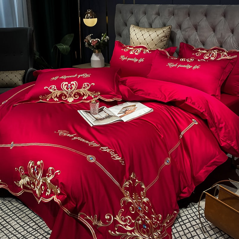Luxury Gold Emerald European Embroidered Soft Duvet Cover Set, 600TC Egyptian Cotton Bedding Set