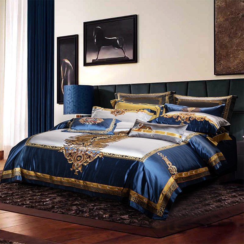 Luxury Gold Red Jacquard Palace Embroidered Duvet Cover Set, Silk Cotton 800 Thread Count Bedding Set
