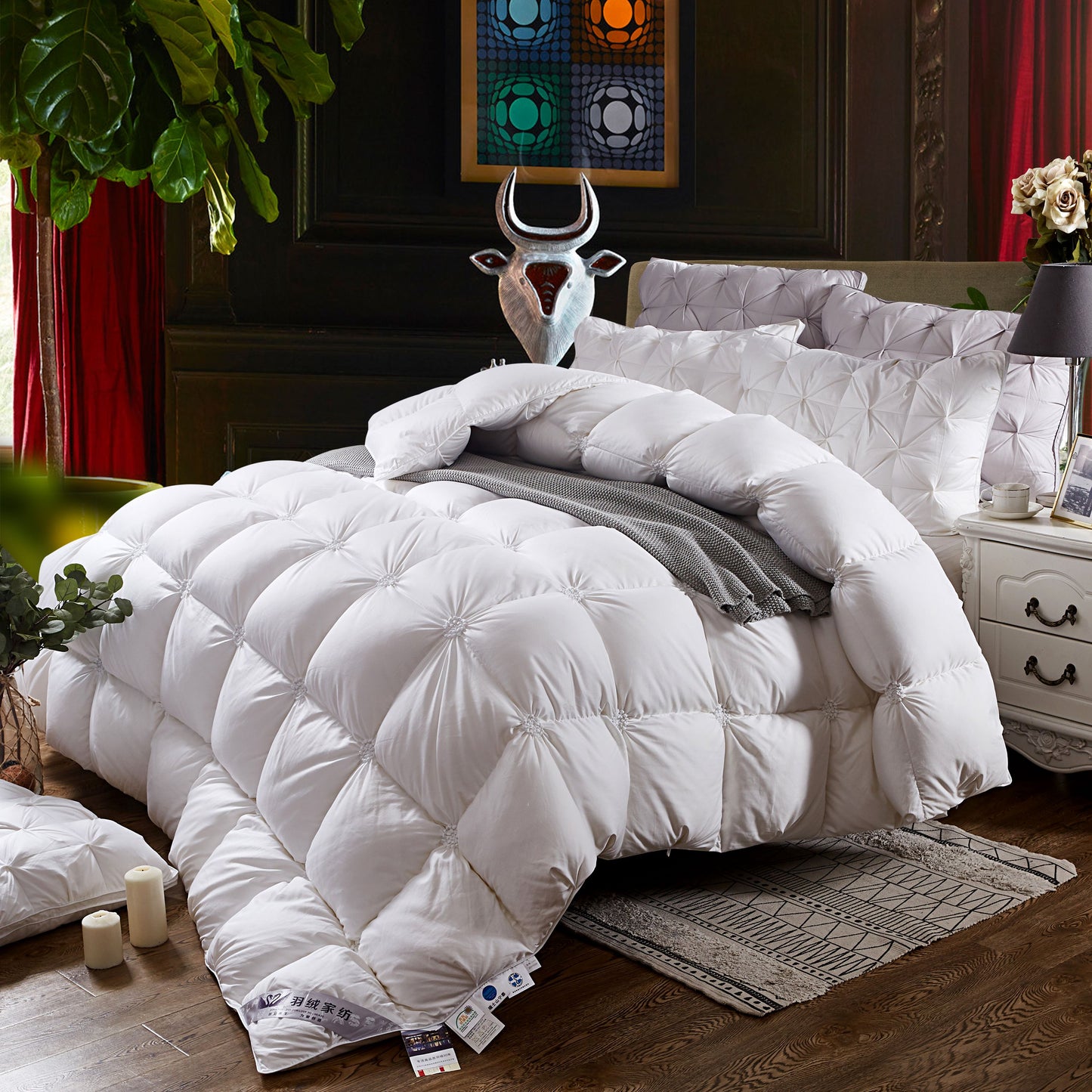 Luxury Pink White Grey Goose Down Comforter Premium Hotel Grade Thick and Super Warm with Floral