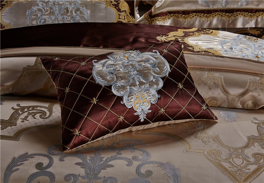 Brown Golden Baroque Luxury Satin Jacquard Duvet Cover Set, Silk Cotton Bedding Set