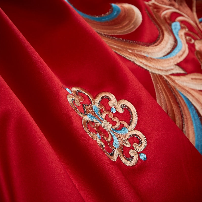 Luxury Red Gold Oriental Wedding Royal Embroidered Duvet Cover Set, Cotton Fabric Bedding Set
