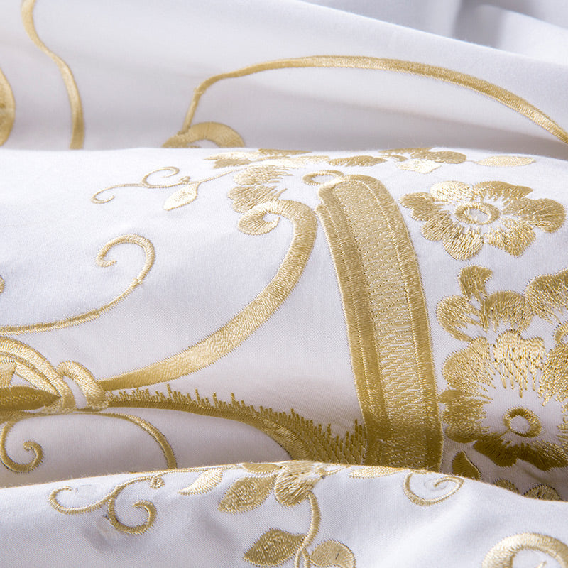 White Gold Baroque Premium Embroidered Duvet Cover Set, Egyptian Cotton Bedding Set