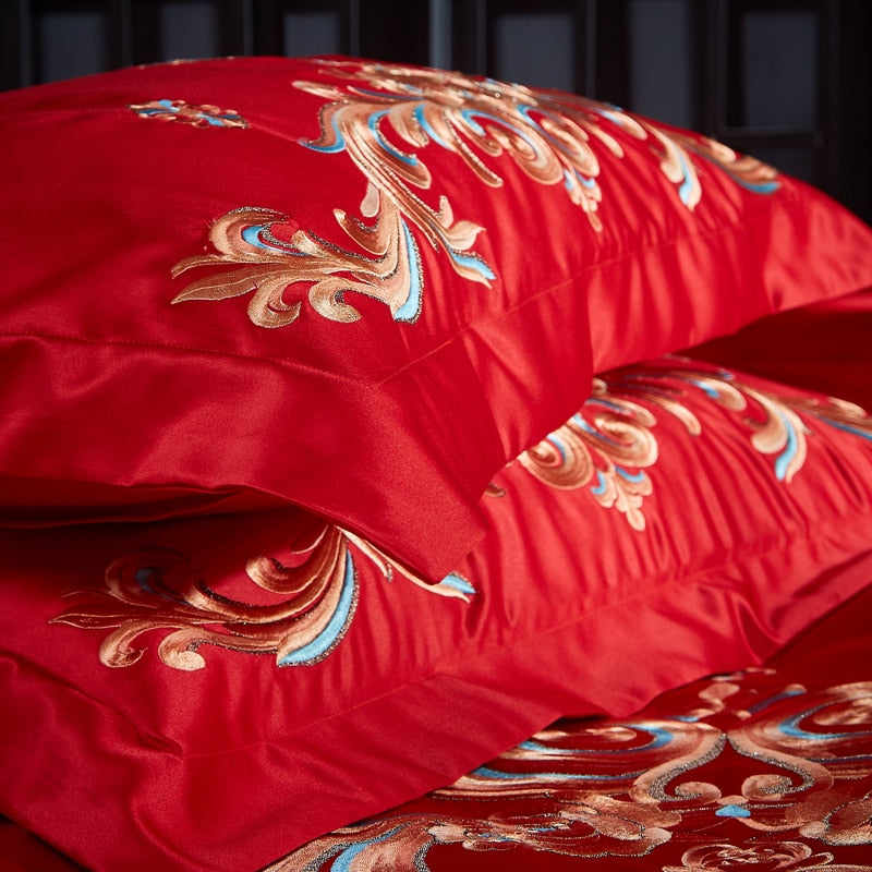 Luxury Red Gold Oriental Wedding Royal Embroidered Duvet Cover Set, Cotton Fabric Bedding Set