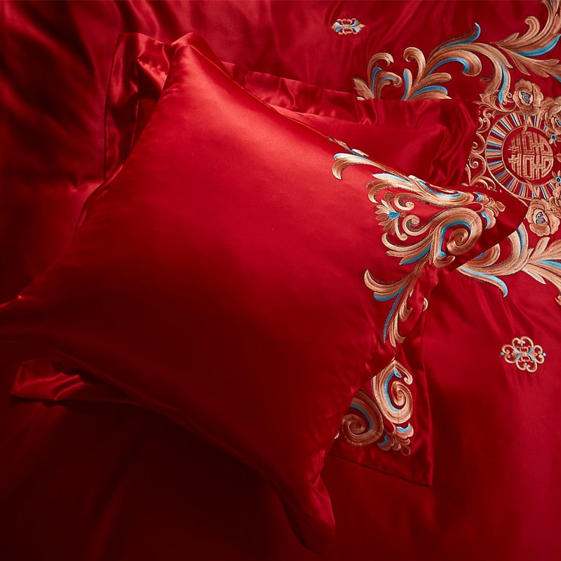 Luxury Red Gold Oriental Wedding Royal Embroidered Duvet Cover Set, Cotton Fabric Bedding Set