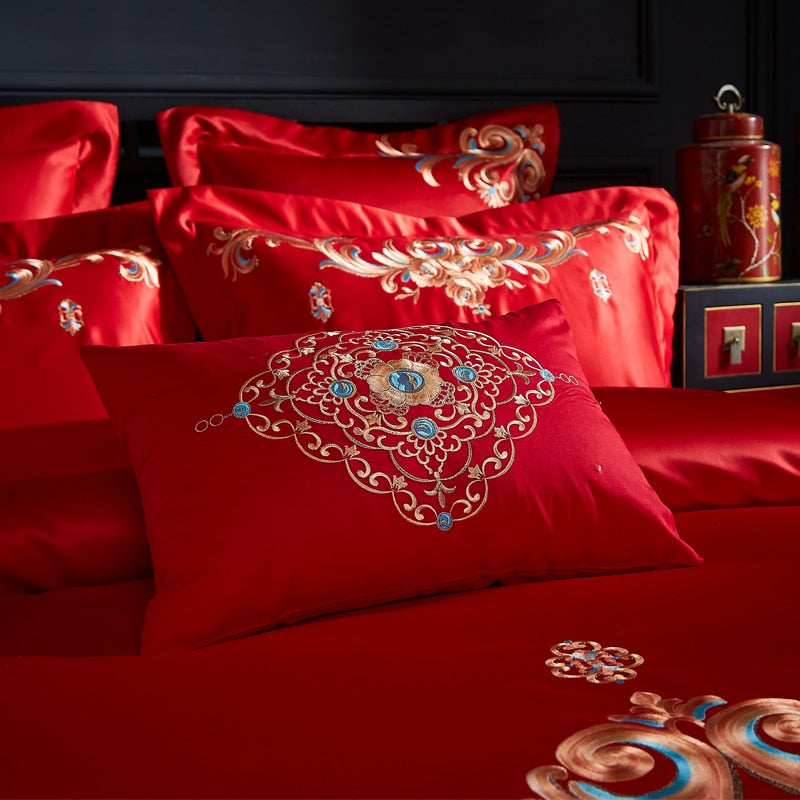 Luxury Red Gold Oriental Wedding Royal Embroidered Duvet Cover Set, Cotton Fabric Bedding Set