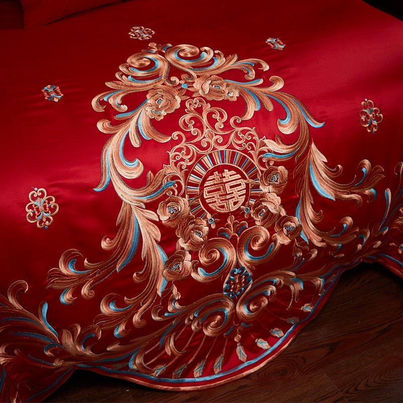 Luxury Red Gold Oriental Wedding Royal Embroidered Duvet Cover Set, Cotton Fabric Bedding Set