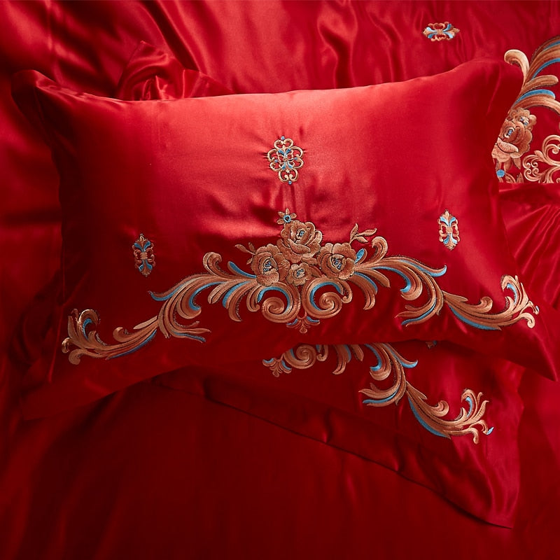 Luxury Red Gold Oriental Wedding Royal Embroidered Duvet Cover Set, Cotton Fabric Bedding Set