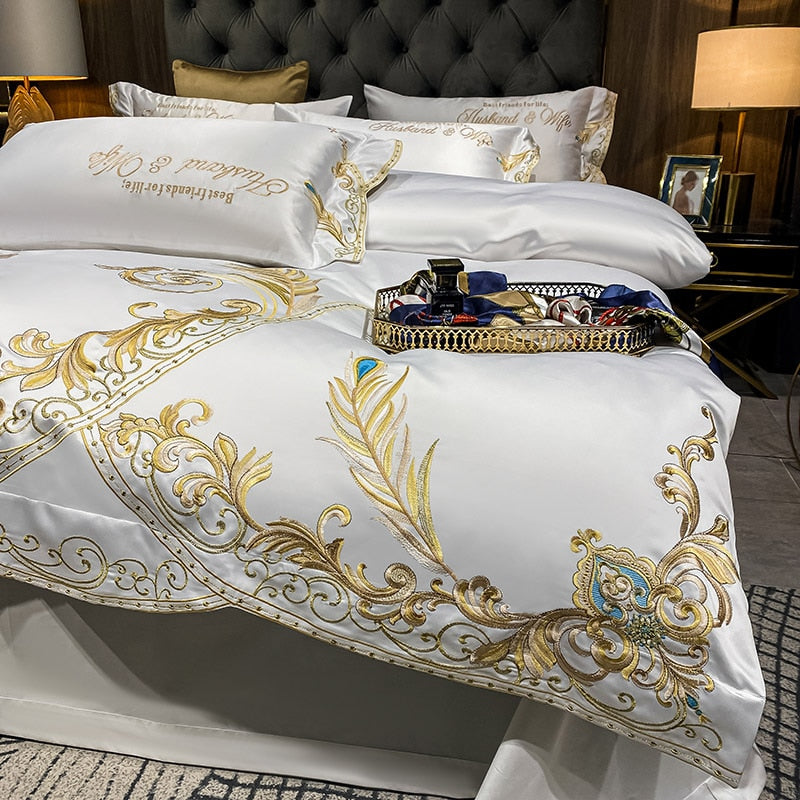 Luxury White Gold Feather Peacock Soft Silky Embroidered Duvet Cover Set, 600TC Satin Silk Cotton Bedding Set