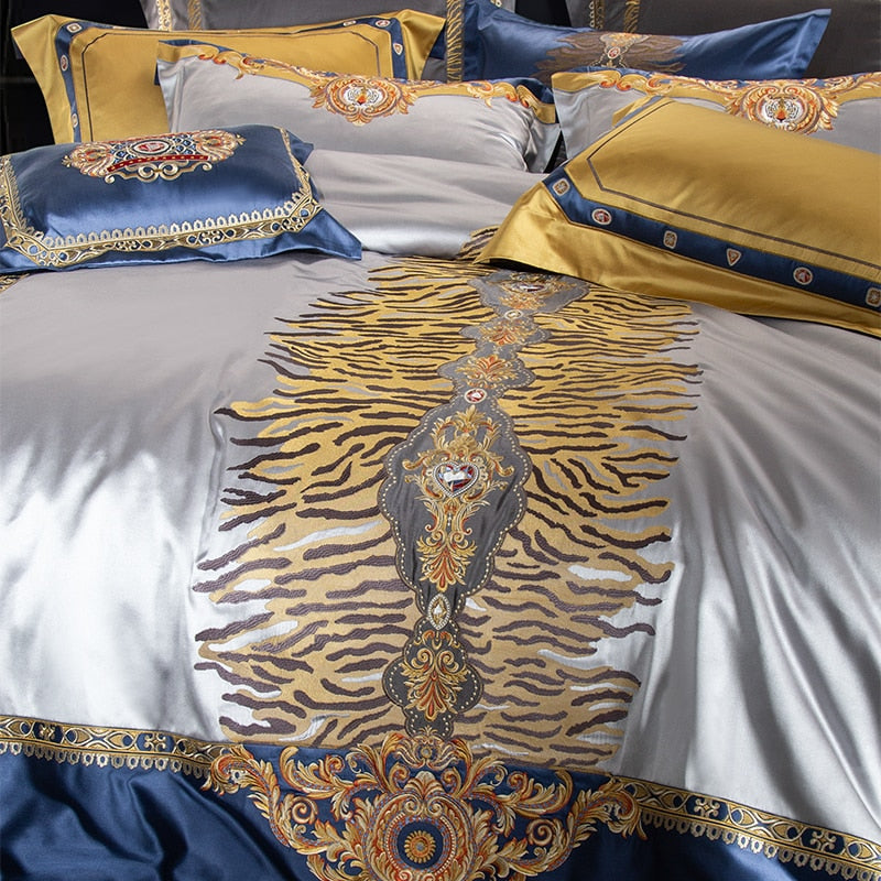 Luxury Gold Red Jacquard Palace Embroidered Duvet Cover Set, Silk Cotton 800 Thread Count Bedding Set