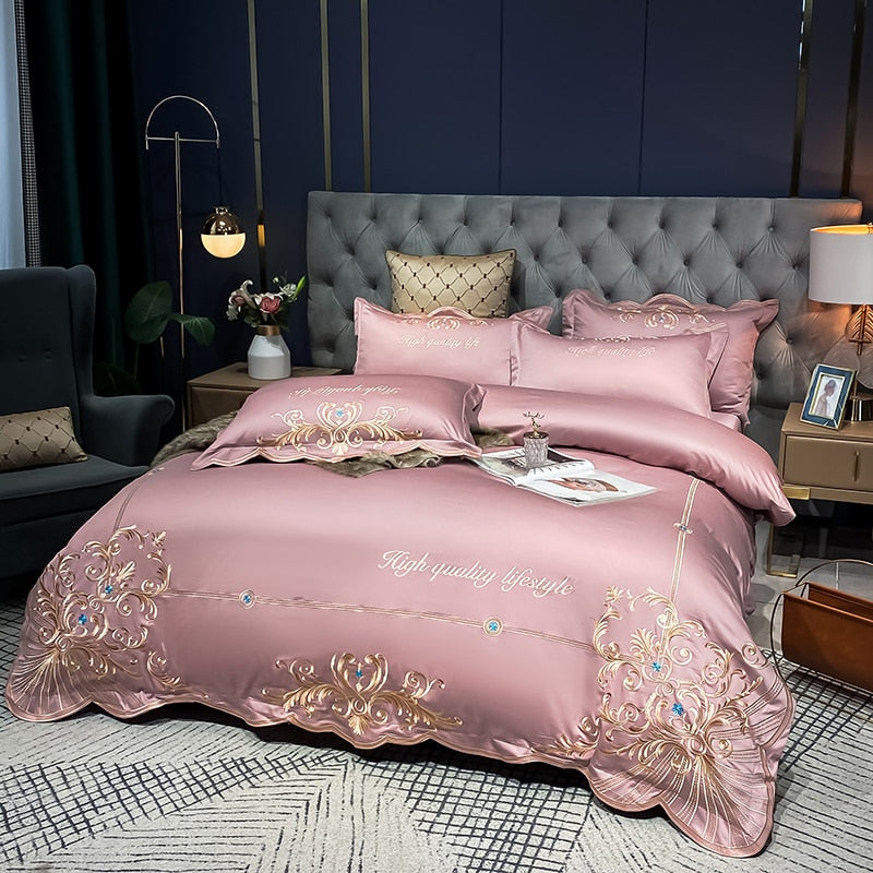 Luxury Gold Emerald European Embroidered Soft Duvet Cover Set, 600TC Egyptian Cotton Bedding Set