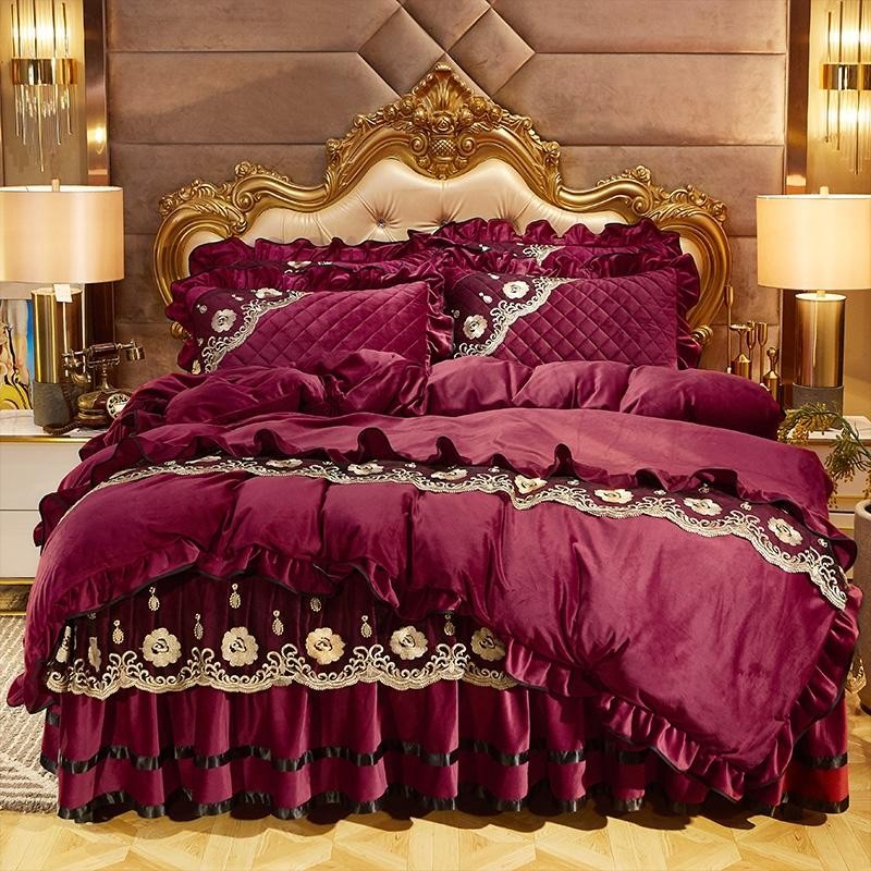 Luxury Purple Burgundy Heavyweight Velvet Bed skirt Duvet Cover Set, Fleece Fabric Bedding Set