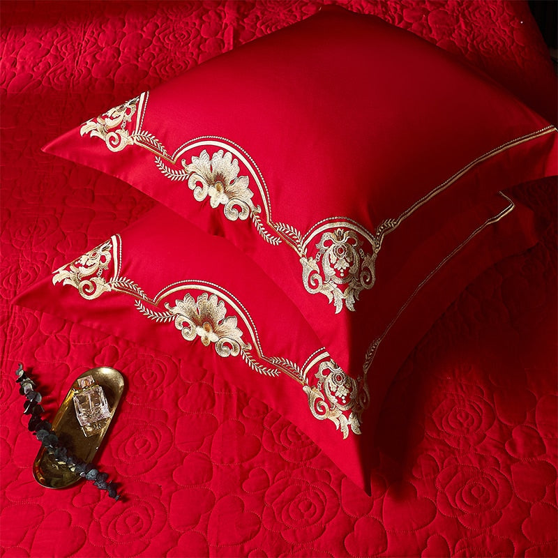 Dragon and Phoenix Luxury Red Golden Wedding Embroidery Duvet Cover Cotton Bedding Set