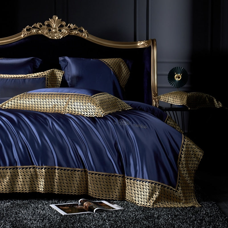 Luxury Baroque Royal Wedding Gold Lace Duvet Cover Set, Silk Cotton 1200TC Bedding Set