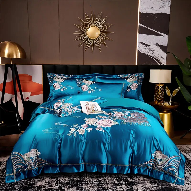 Red Gold Luxury Egyptian Cotton Peony Flower Embroidery Duvet Cover Bedding Set