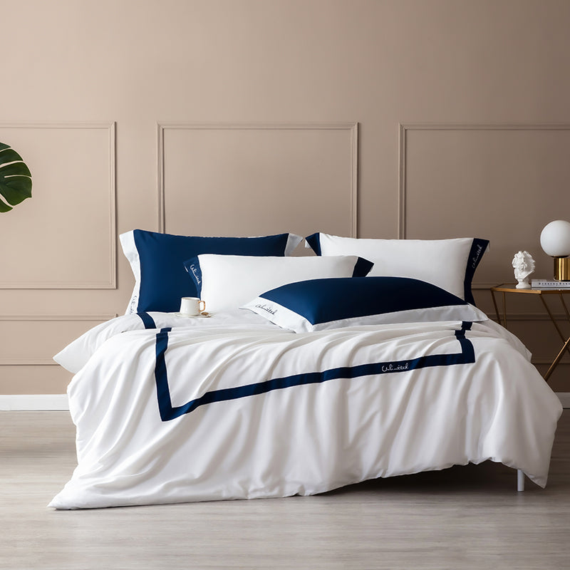 Luxury Blue White European Hotel Grade Duvet Cover Set, 600TC Egyptian Cotton Bedding Set