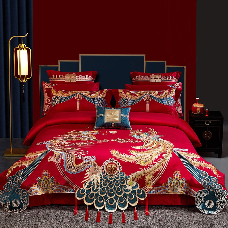 Luxury Gold Red Dragon Phoenix Jacquard Wedding Tassel Duvet Cover Set, 1000TC Egyptian Cotton Bedding Set